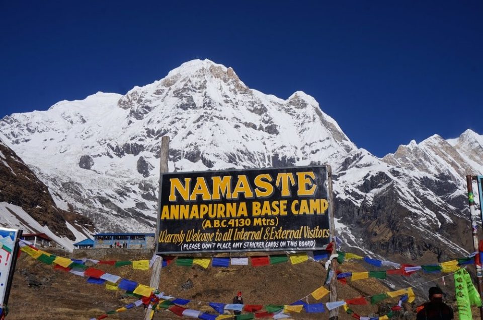 Panoramic view of the mountain sanctuary on the ABC Trek 2026 route in Nepal.