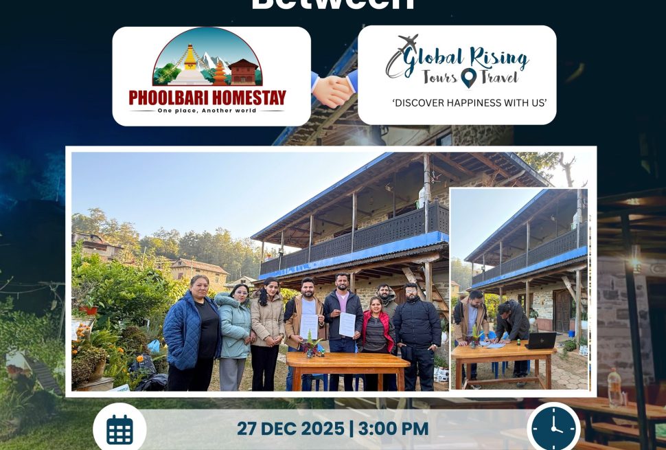 Trekkers walking toward the Annapurna mountains during the ABC Trek 2026 season.