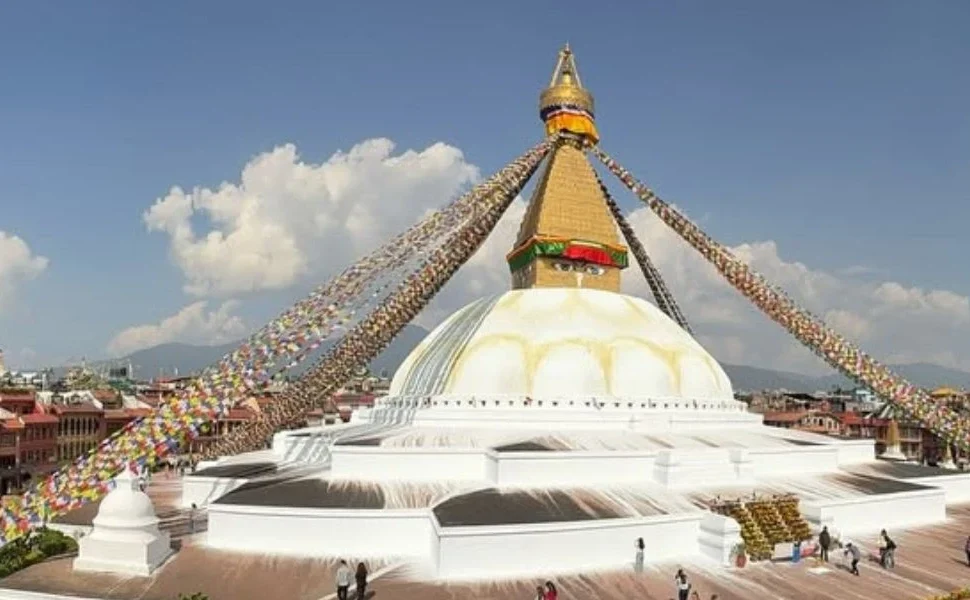 Close-up of the wisdom eyes and golden spire of Boudhanath Stupa in Kathmandu, Nepal.