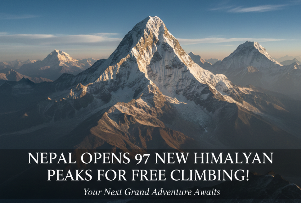 Panoramic view of a pristine, unclimbed Himalayan peak in Nepal, symbolizing the newly opened 97 mountains for free climbing.