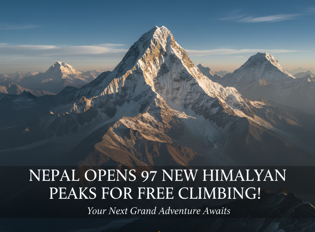 Panoramic view of a pristine, unclimbed Himalayan peak in Nepal, symbolizing the newly opened 97 mountains for free climbing.